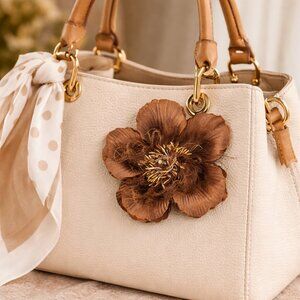 Rich Brown Textured Bloom Fabric & Feather Flower Pin Brooch